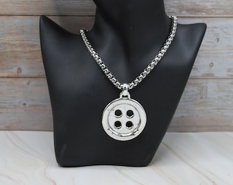 Silver Plated Button Necklace – Big Pendant, Stainless Steel Chain