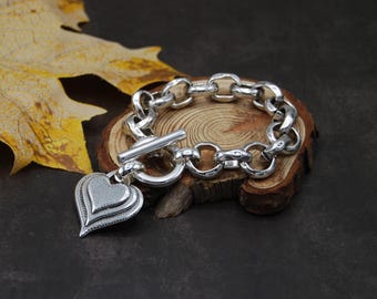 Sterling Silver Plated Large Link Bracelet, Heart Charm Toggle