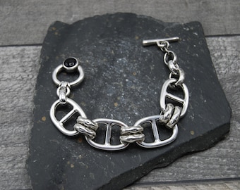 Silver Plated Statement Bracelet: Chunky Oval Link Toggle Clasp