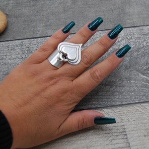 Chunky Silver Heart Statement Ring: Adjustable 925 Plated Band