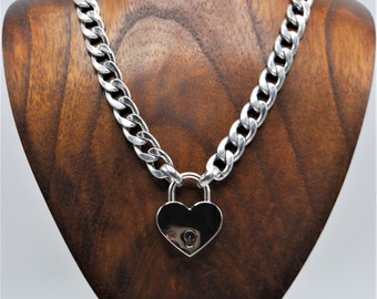 Statement Chunky Curb Link Silver Stainless Steel Heart