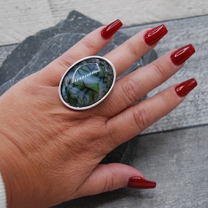 Green Dragon Vein Agate Ring: Antique Silver Adjustable Statement Ring