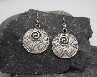 Antique Silver Circle Swirl Disc Earrings, Statement Silver Round Drop Earrings, Silver Large Hammered Dangling Earrings, Gift for Her