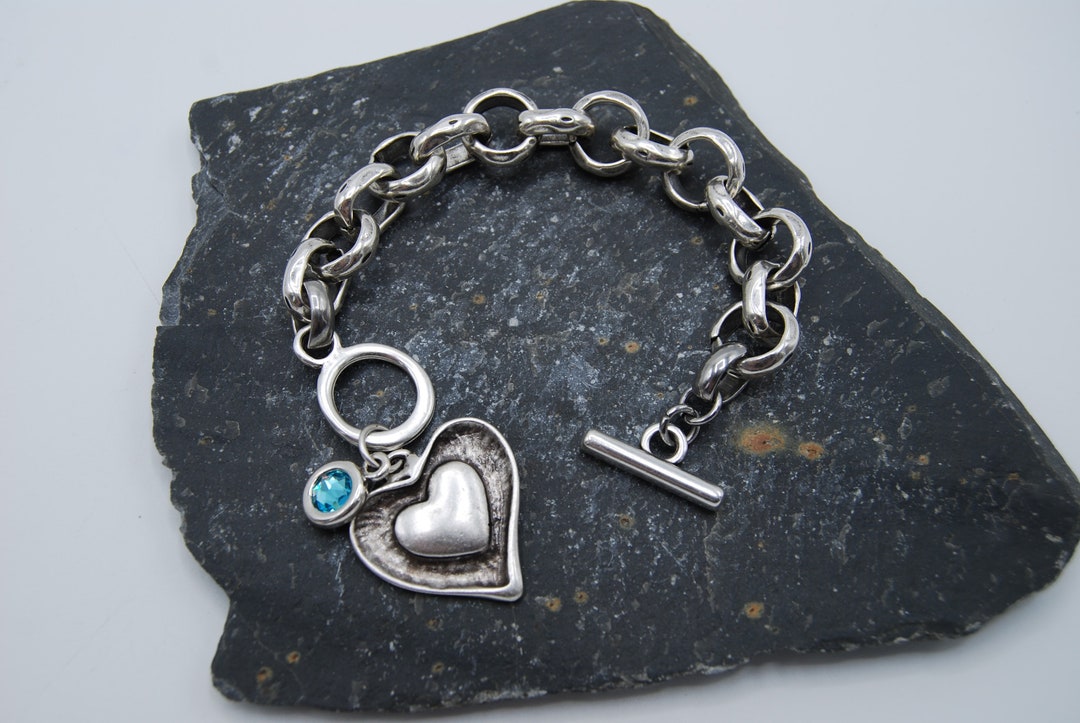 Antique Silver Statement Bracelet, Heart Charm Bracelet, Swarovski