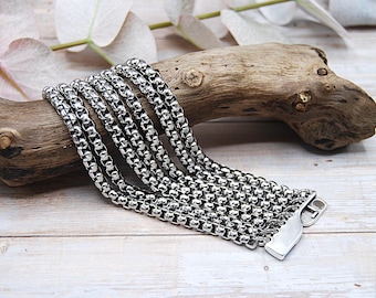Multi-Strand Silver Statement Bracelet – Stainless Steel Box Chains