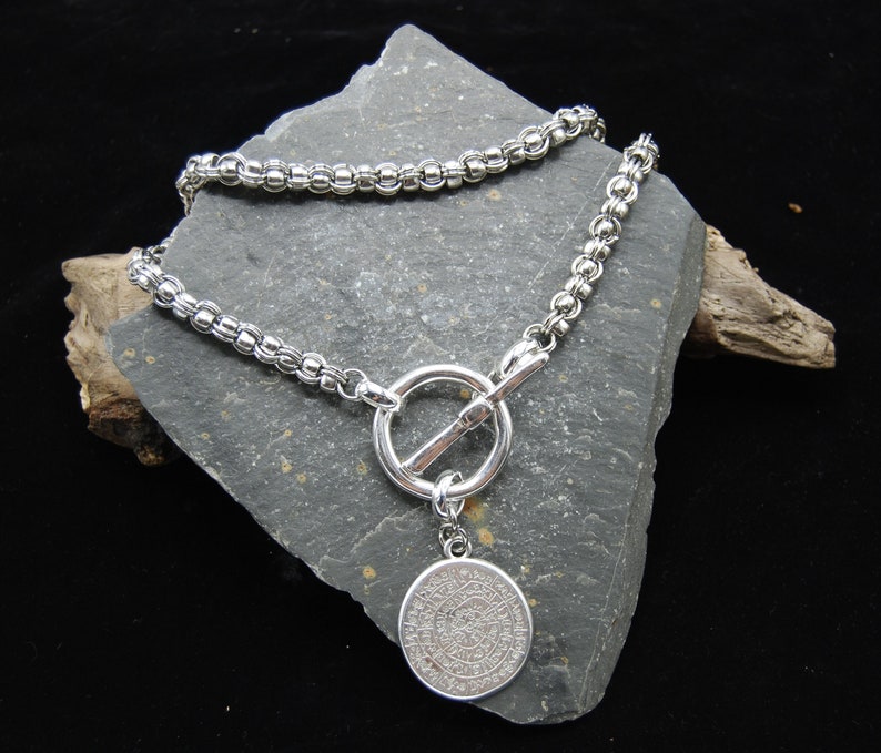 Silver Greek Coin Wrap Necklace, Statement Silver Necklace, Stainless Steel Toggle Clasp Necklace, Silver Layering Necklace, Gift For Her image 2