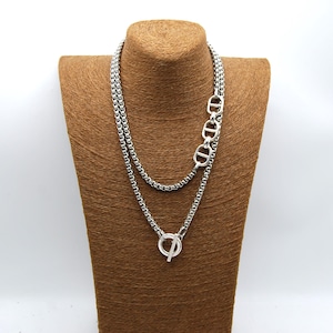 Statement Layering Necklace: Chunky Silver Box Chain with Toggle Clasp, Stainless Steel