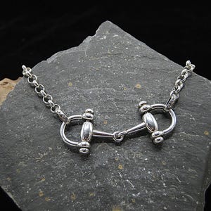 Può includere: Una collana con un morso da cavallo color argento e una catena. Il morso presenta una barra centrale e estremità arrotondate, collegate ad anelli circolari. La catena è composta da piccole maglie interconnesse. La collana è esposta su una superficie di pietra grigia.