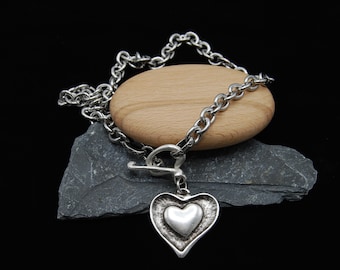 Grote zilveren hart hanger, zilveren Toggle gesp hanger, roestvrijstalen ketting, cadeau voor haar, zilveren gelaagdheid ketting, zilveren hart hanger
