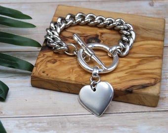 Silver Plated Heart Charm Curb Chain Bracelet with Toggle Clasp, Statement Stainless Steel Bracelet,