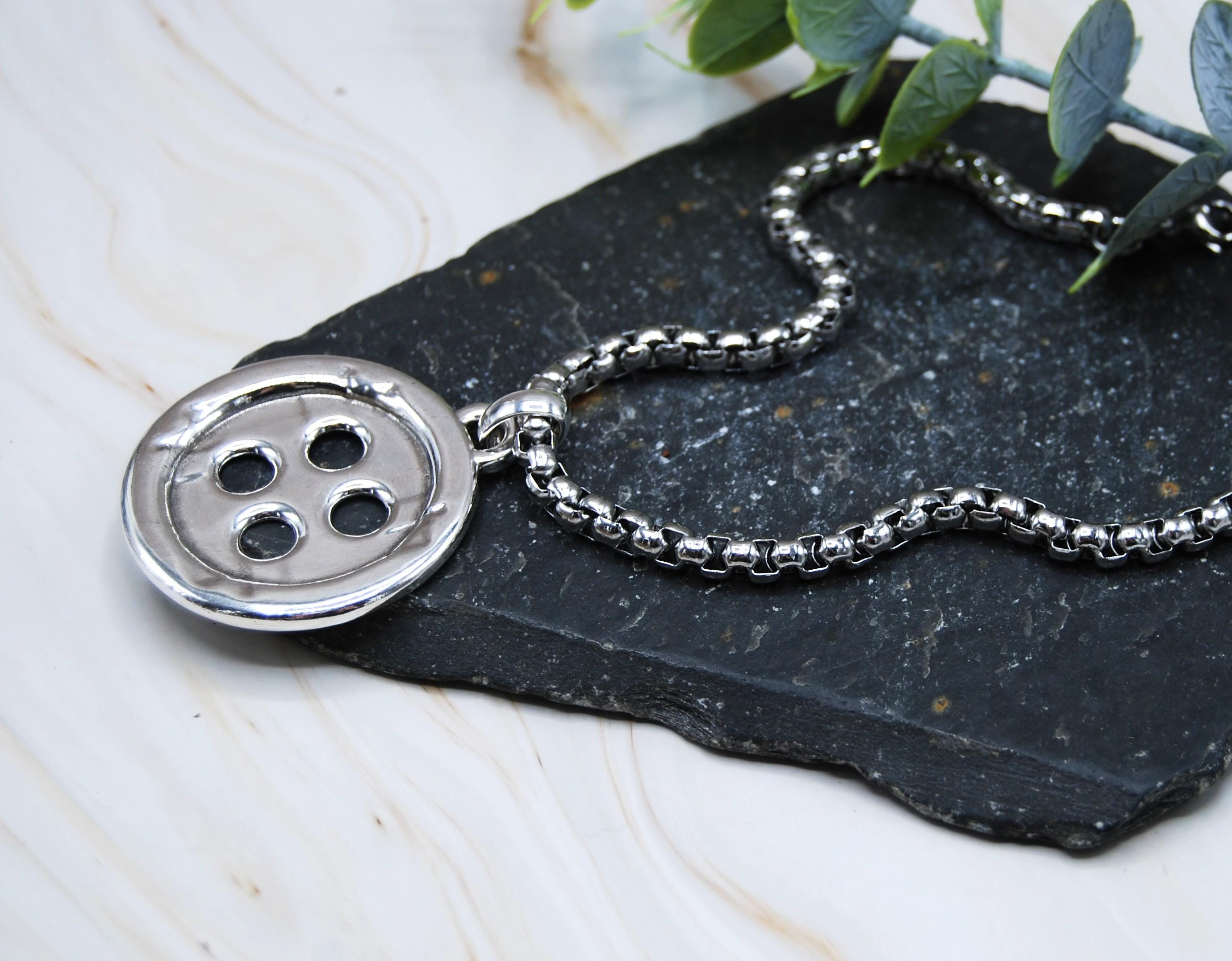 Silver Plated Button Necklace – Big Pendant, Stainless Steel Chain