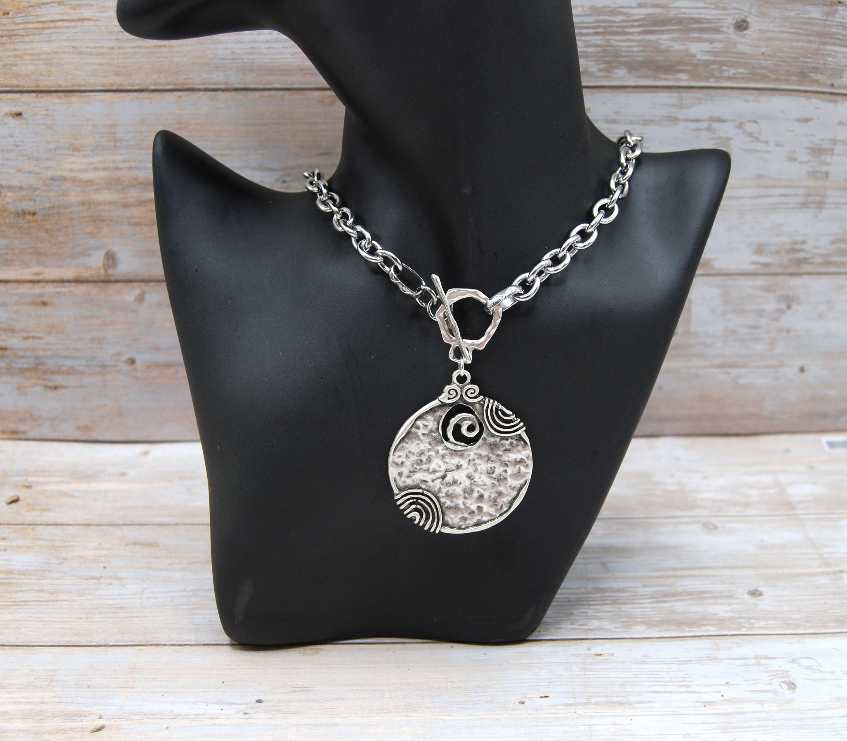 Silver Plated Statement T Bar Pendant Necklace: Tribal Toggle