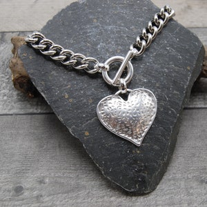 Statement Silver Plated Heart Necklace: Chunky Stainless Steel Curb Chain