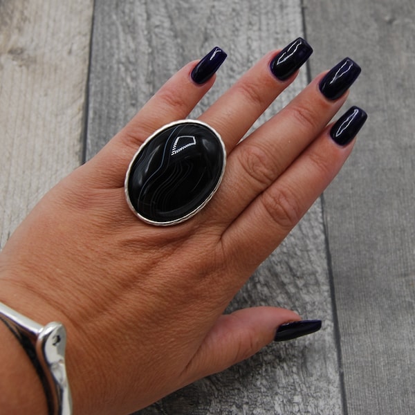 Statement Agate Ring, Black Striped Agate Ring, Silver Black Agate Ring, Large Oval Agate Ring, Agate Cabochon, Statement Silver Ring