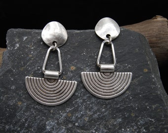 Antique Silver Semi Circle Earrings, Statement Silver Earrings, Gift For Her, Silver Tribal Earrings, Ethnic Silver Earrings, Pushback