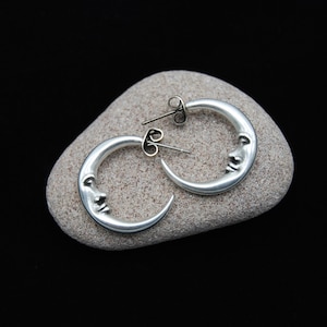 Antique Silver Moon Earrings, Silver Half Moon Earrings, Silver Hoop Earrings, Silver Face Earrings, Gift For Her, Statement Silver Earrings