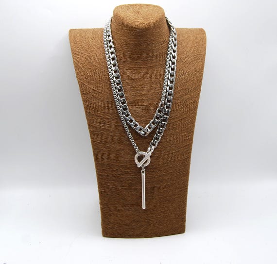 Stainless Steel Wrap Necklace: Chunky Curb & Box Chain Toggle