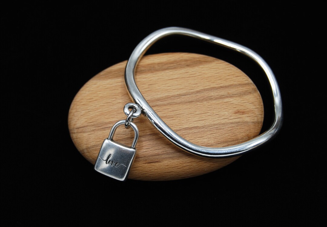 Antique Silver Padlock Bangle: Hammered Boho Stacking Bracelet