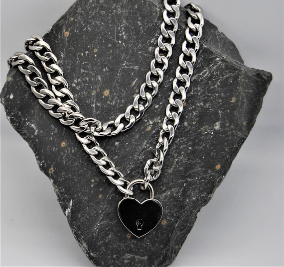 Statement Chunky Curb Link Silver Stainless Steel Heart