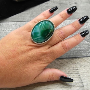 Adjustable Green Agate Statement Ring, Antique Silver Finish