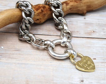 Stainless Steel Heavy Curb Chain Bracelet – Mixed Metal Heart Padlock Design