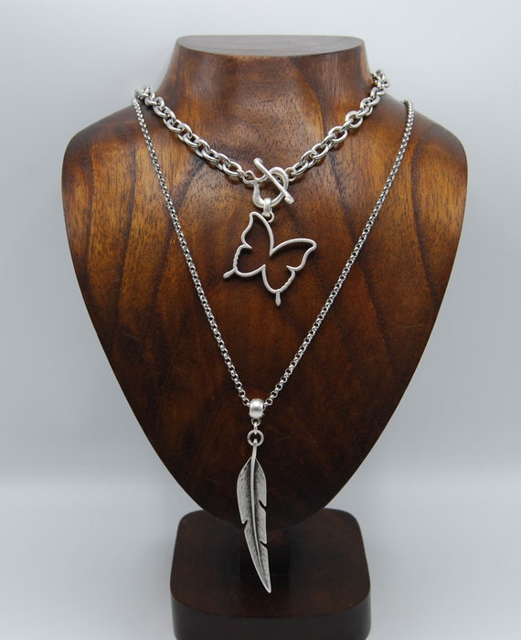 Silver Butterfly Pendant Necklace Silver Feather Necklace Silver