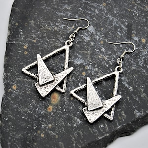 Geometric Antique Silver Statement Earrings, Silver Drop Earrings, Silver Drop Earrings, Unique Gift Idea, Gift For Her, Triangle Earrings