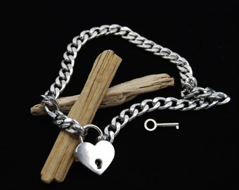 Heart Padlock Curb Chain Necklace: Stainless Steel Biker Pendant