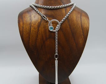 Silver Lariat Necklace: Crystal Stainless Steel Wrap, Adjustable Y Chain
