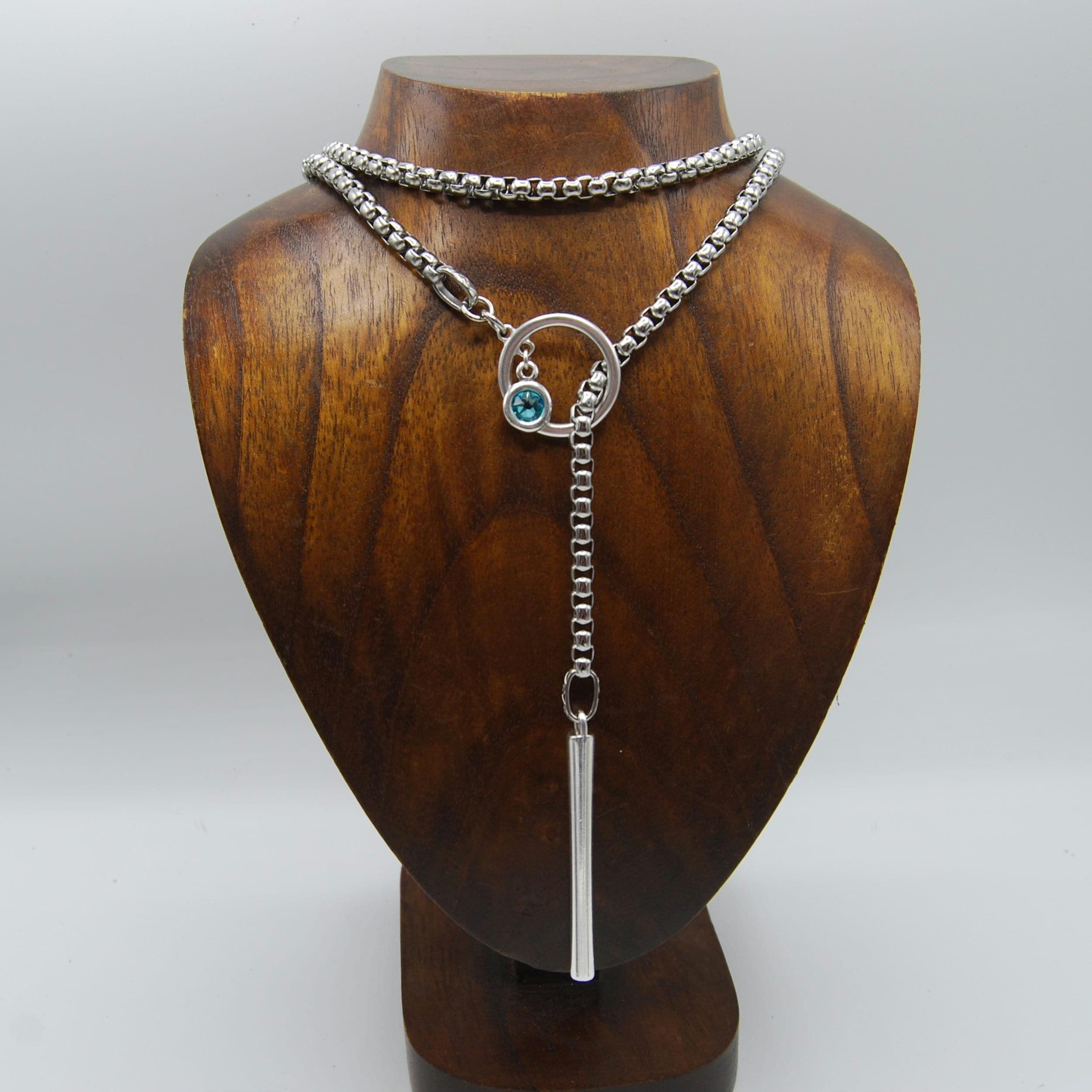 Silver Lariat Necklace: Crystal Stainless Steel Wrap