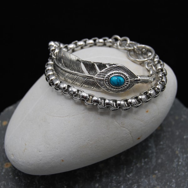 Silver & Turquoise Feather Bracelet, Silver Wrap Bracelet, Silver Toggle Bracelet, Native American Inspired Silver Bracelet, Gift For Her