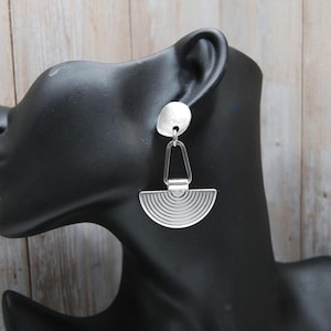 Silver Semi Circle Tribal Statement Earrings: 925 Sterling Silver Plated