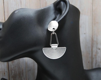 Silver Semi Circle Tribal Statement Earrings: 925 Sterling Silver Plated
