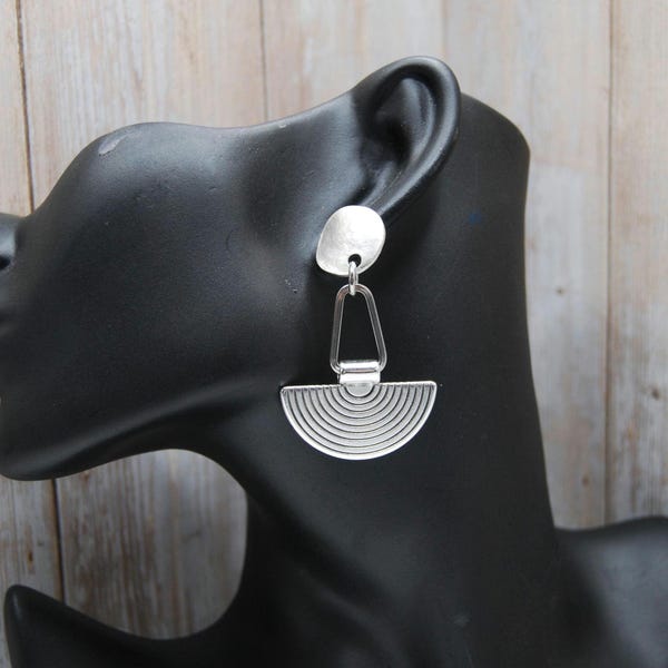 Silver Semi Circle Tribal Statement Earrings: 925 Sterling Silver Plated