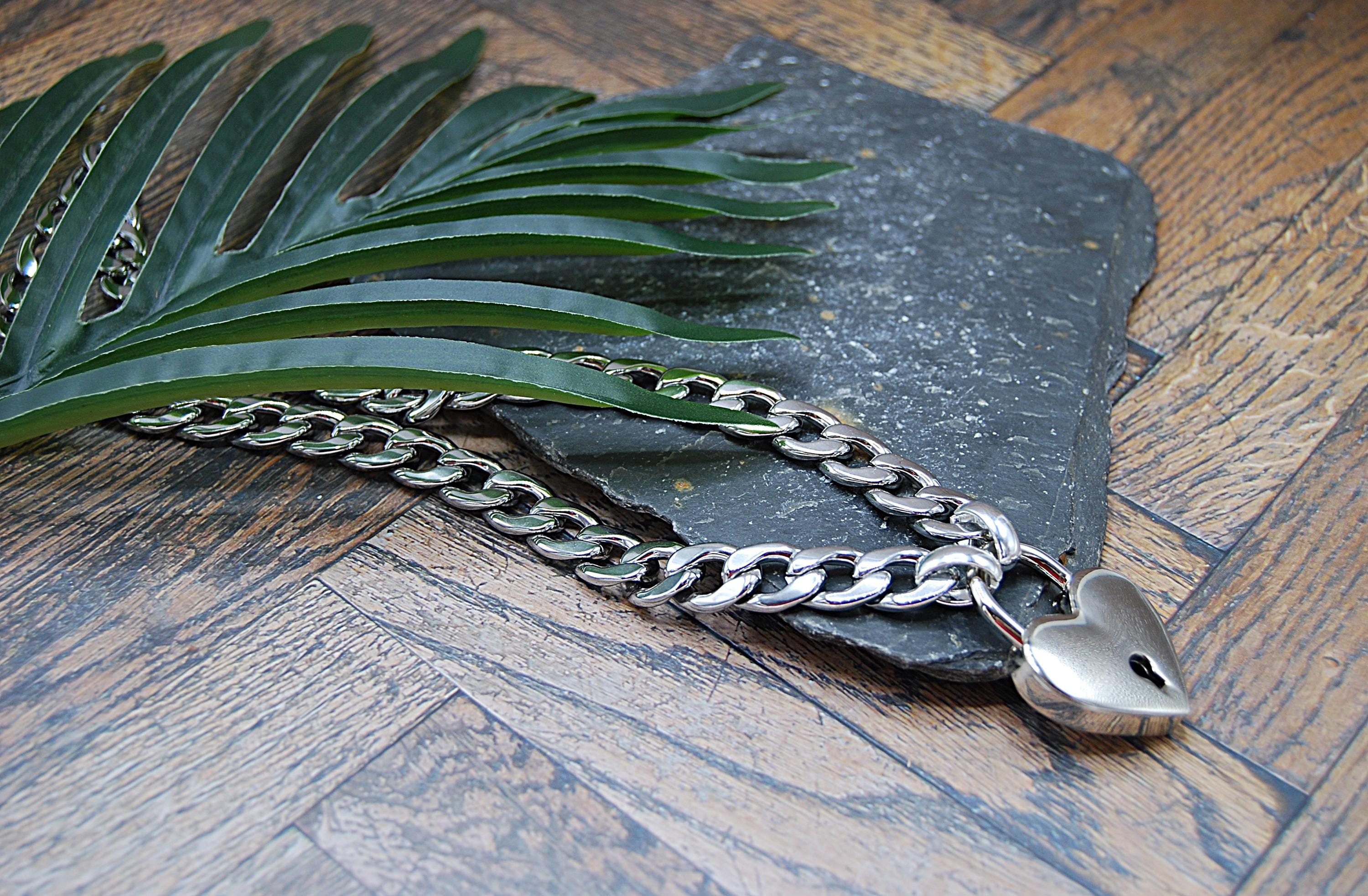 Heart Padlock Curb Chain Necklace: Stainless Steel Biker Pendant