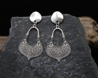 Pendientes de plata llamativos, pendientes de plata grandes, pendientes de plata grandes, regalo para ella, pendientes de plata estampados, pendientes de plata boho