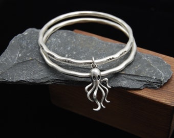 2 Antique Silver Stacking Bangles, Silver Octopus Charm Bangle, Silver Statement Bangles, Octopus Charm Bracelet, Gift For Her