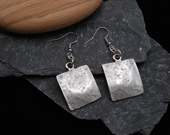 Antique Silver Hammered Square Earrings, Dangling Drop Earrings, Statement Silver Earrings, Gift For Her, Textured Square Silver Earrings