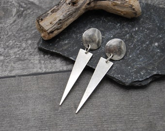 Antique Silver Earrings, Large Silver Earrings, Silver Triangle Earrings, Statement Silver Earrings, Abstract Silver Earrings,