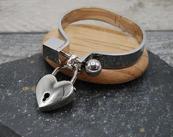 Padlock Cuff Bangle: Wide Stainless Steel Bracelet With Heart Lock