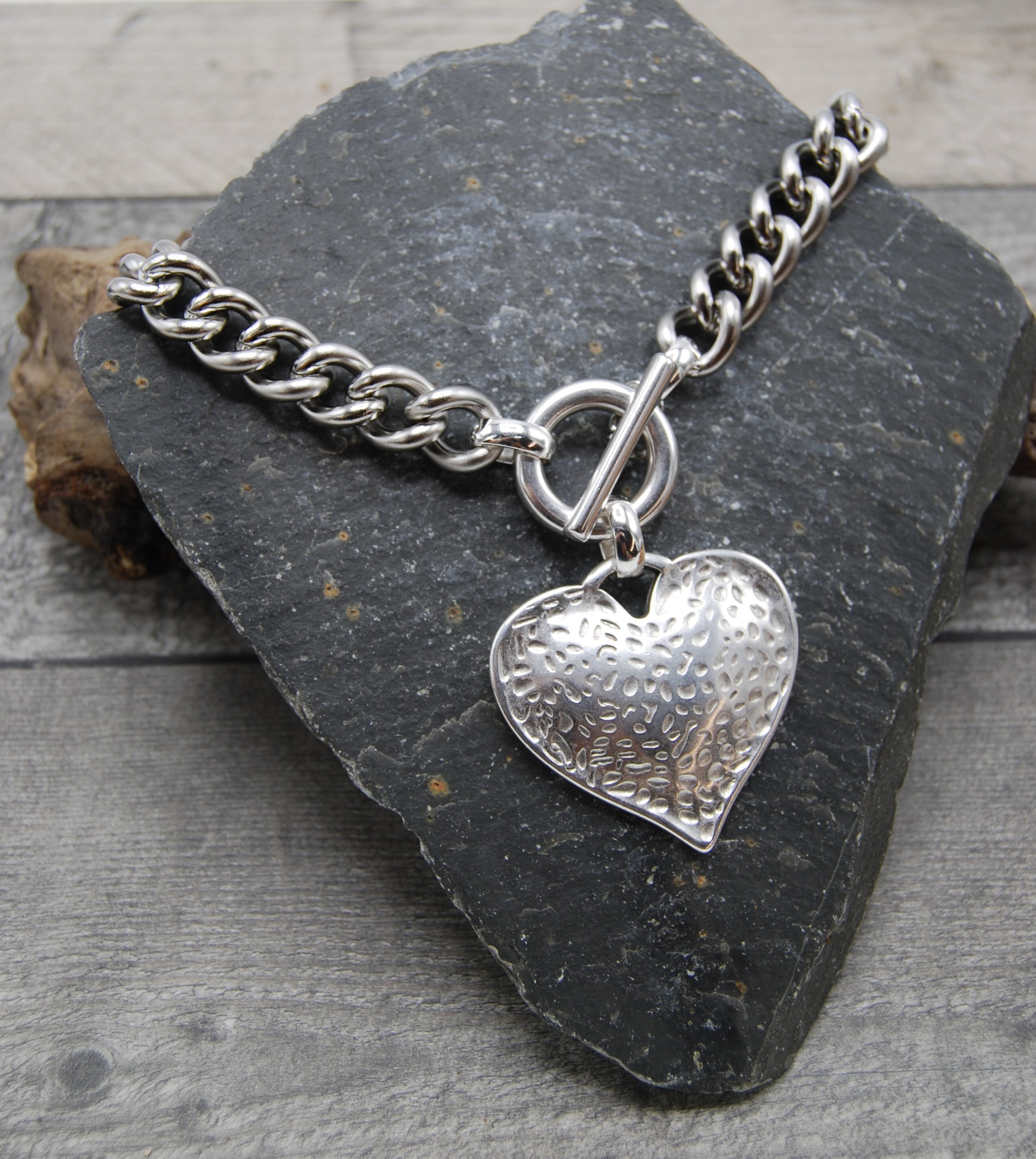 Statement Silver Plated Heart Necklace: Chunky Stainless Steel 