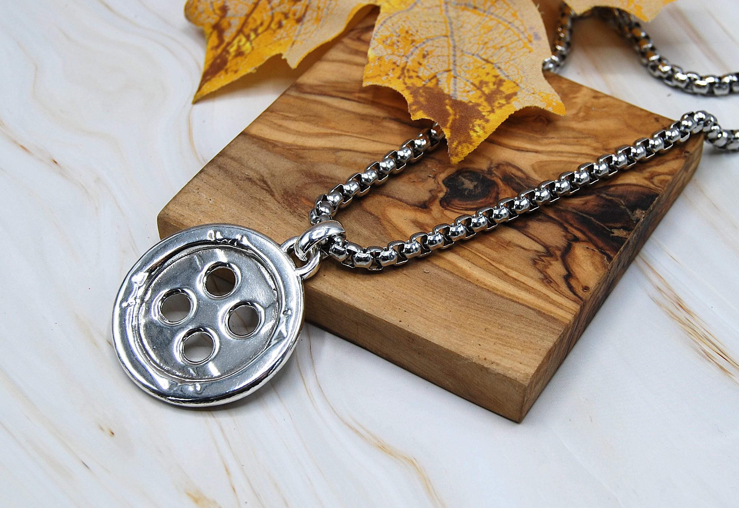 Silver Plated Button Necklace – Big Pendant, Stainless Steel Chain