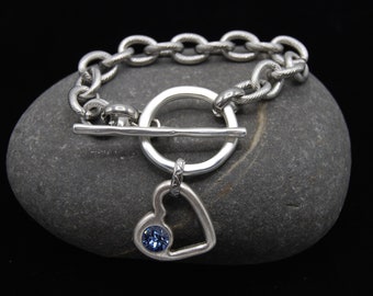 Swarovski Blue Heart Charm Bracelet Stainless Steel Bracelet, Silver Charm Bracelet, Silver Toggle Bracelet, Heart Charm Bracelet,