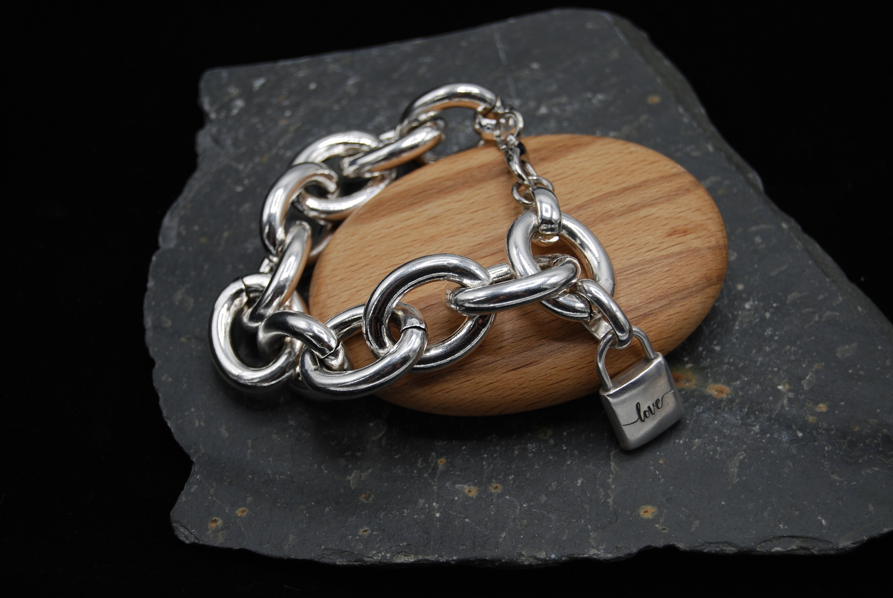 Statement Silver Plated Bracelet: Chunky Link Chain with Padlock Charm