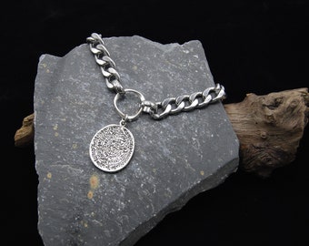 Silver statement coin necklace, chunky chain lariat coin necklace, Rolo chain Phaistos disk pendant, adjustable chain necklace, uk seller