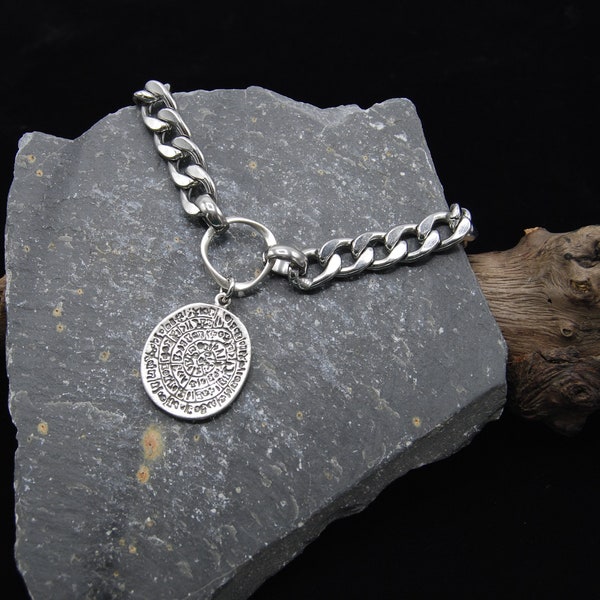 Silver statement coin necklace, chunky chain lariat coin necklace, Rolo chain Phaistos disk pendant, adjustable chain necklace, uk seller