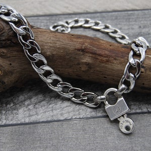 Statement Silver Necklace, Padlock And Key Pendant, Stainless Steel Curb Chain, Padlock Jewellery, Chunky Silver Chain, Punk Rock Chain