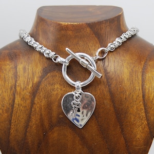 Silver Necklace, Statement Silver Necklace, Silver Heart Pendant, Silver Toggle Clasp Pendant, Stainless Steel Chain, Silver Heart Charm