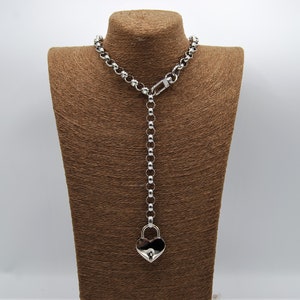 Silver Heart Padlock Lariat Necklace: Chunky Stainless Steel Chain