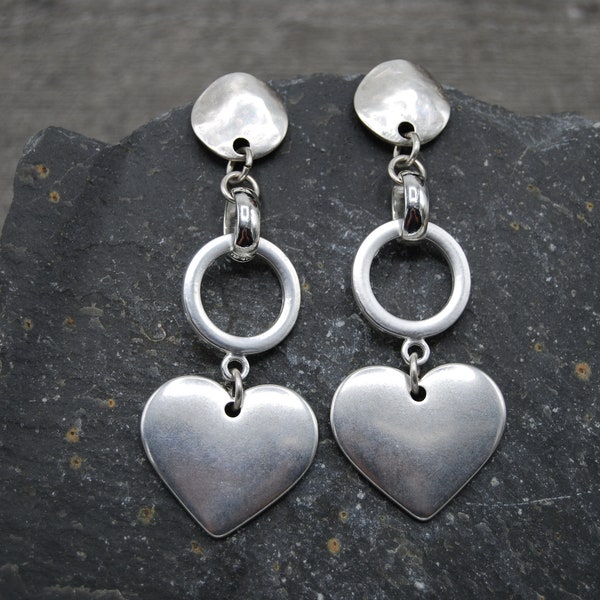 Antique Silver Heart Earrings, Large Silver Earrings, Large Heart Charm Earrings, Big Heart Silver Earrings, Boho Earrings, Big Earrings,